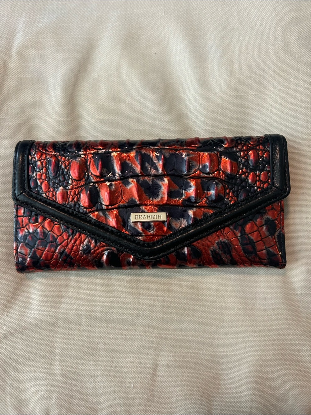 Brahmin Red Black Embossed Leather Continental Wallet